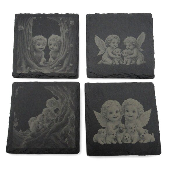 COASTERS CHERUB Angel Themed Personalizable Slate Set Of 4 Child and Puppy Custo - Picture 1 of 7